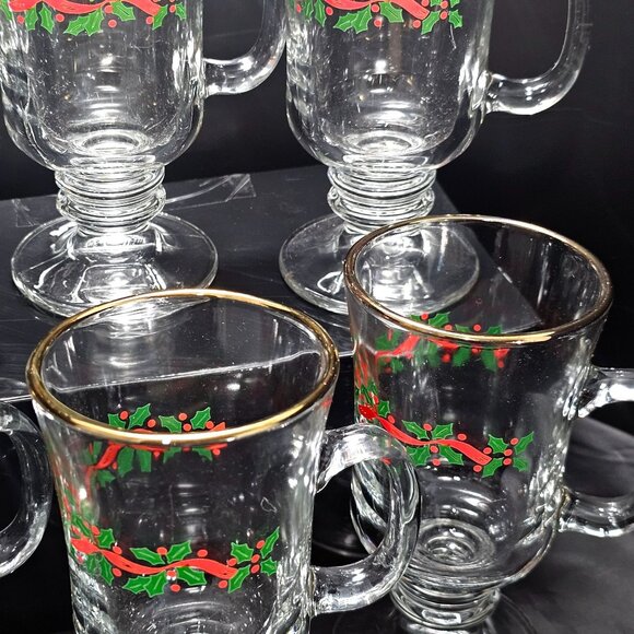 6 Libbey Holly Ribbons Irish Coffee Glasses 5.5" Christmas latte hot cocoa vtg - Picture 2 of 10